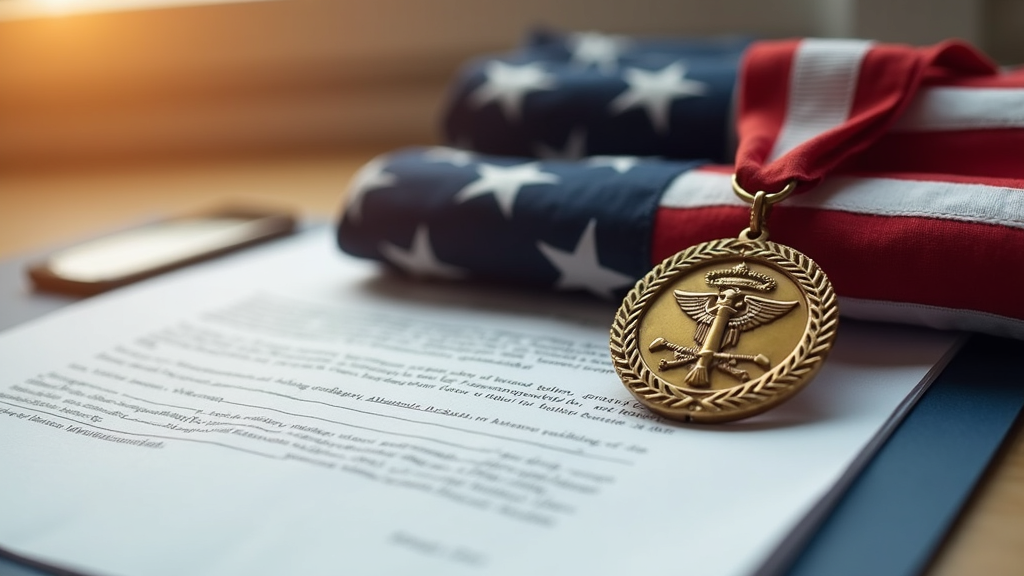 A military medal and folded American flag placed on a desk with paperwork about benefits integration, with warm, natural lighting, no humans