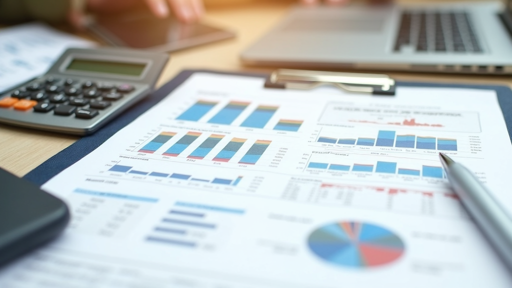 A military-themed financial document with charts, calculator, and a pen on a clean table.