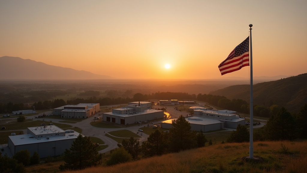 A scenic view of an American military installation at sunrise, with the US flag, base buildings, and natural landscape, symbolizing planning for retirement and service.