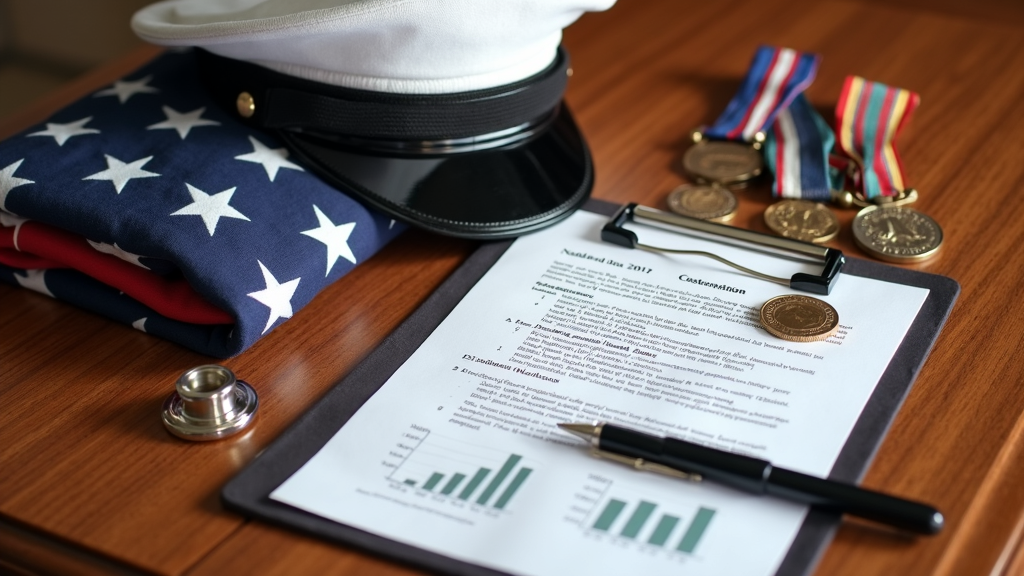 An American flag folded with a military hat and medals beside financial paperwork and healthcare icons on a desk