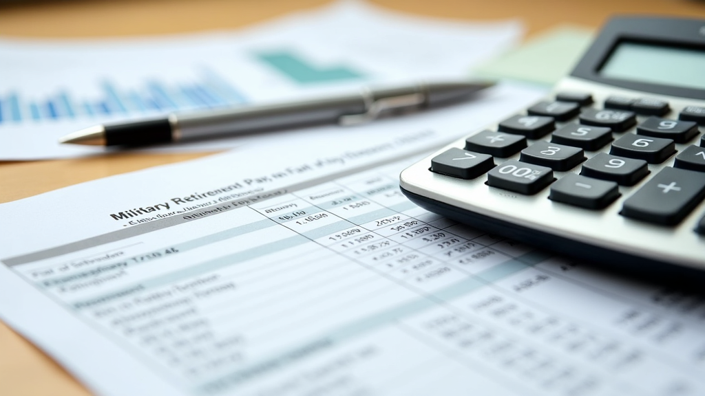 Close-up of a calculator and a printed military retirement pay statement on a wooden desk, with a pen and notebook beside them.