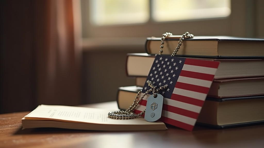 Illustration of military dog tags, an American flag, and a stack of college textbooks