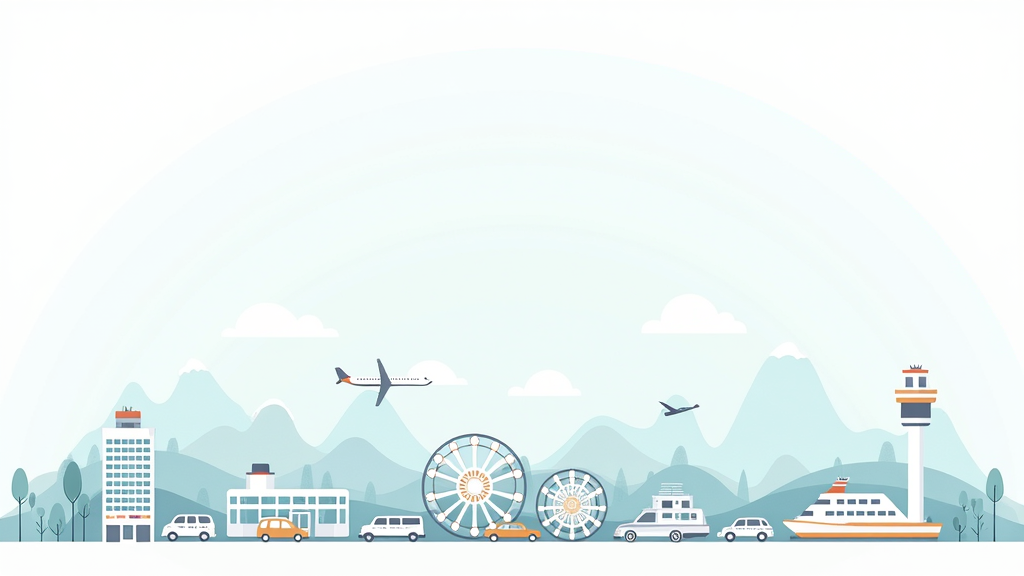 Scenic travel locations and symbols of travel, including airplanes, hotels, and theme parks.