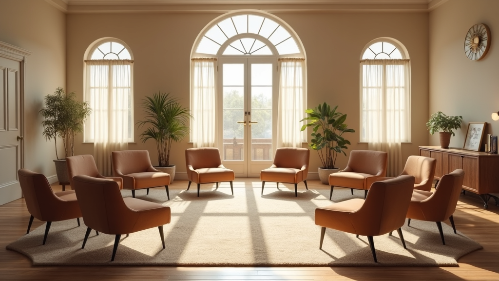 Serene meeting room with chairs arranged in a welcoming circle, calming colors, and natural light coming through windows
