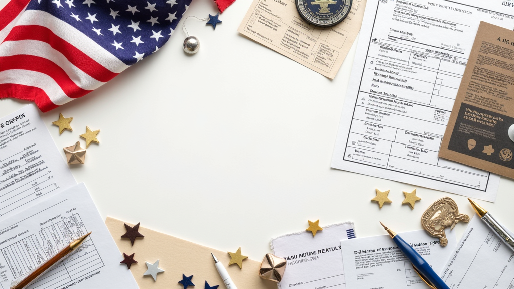 U.S. military emblem, benefit forms, and patriotic symbols